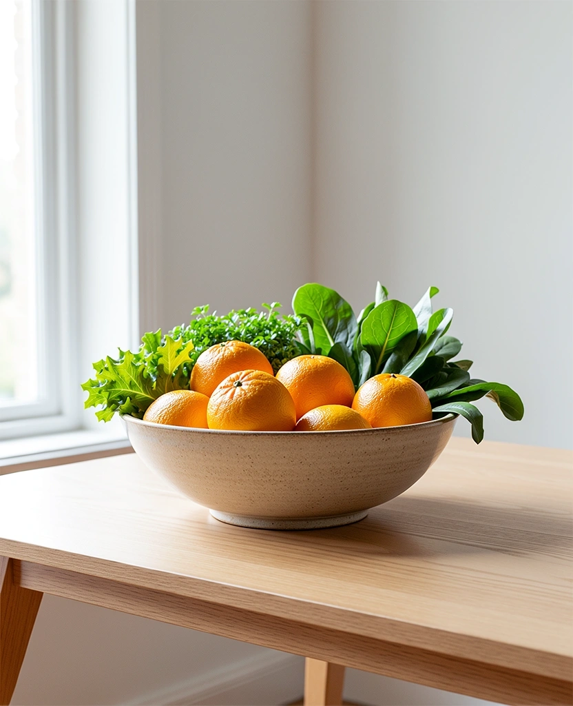 Frutas y vegetales frescos en un ambiente minimalista