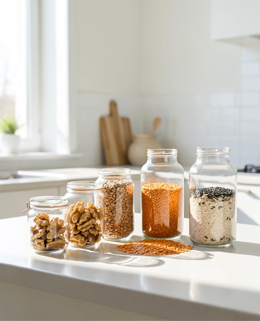 Ingredientes saludables en cocina minimalista