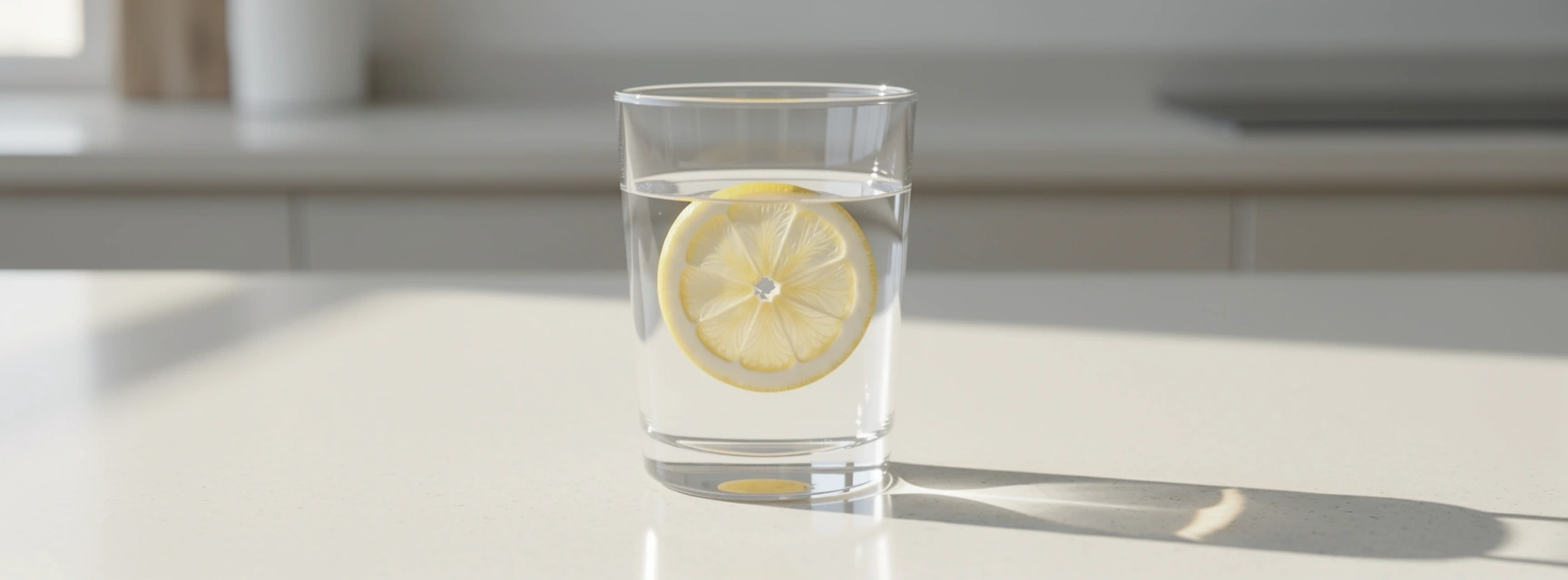 Vaso de agua con limón en ambiente minimalista